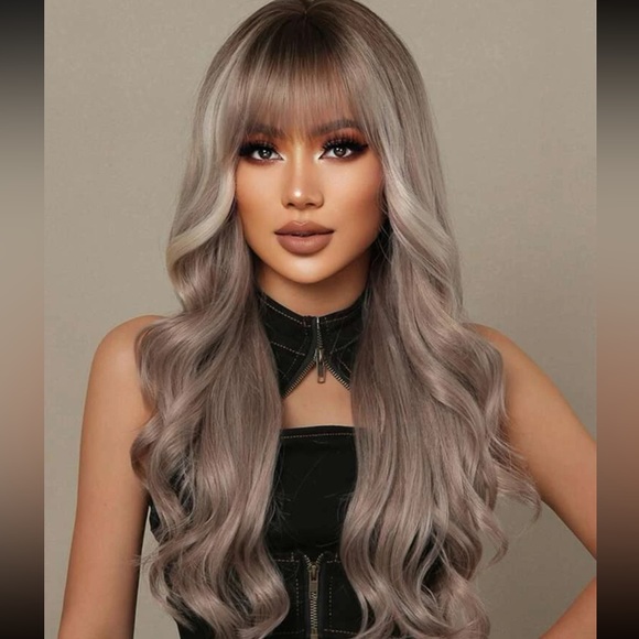 HAIRCUBE 28 Inch Rose Gold Wigs Long Wavy Wigs with Bangs Golden Wavy Wigs